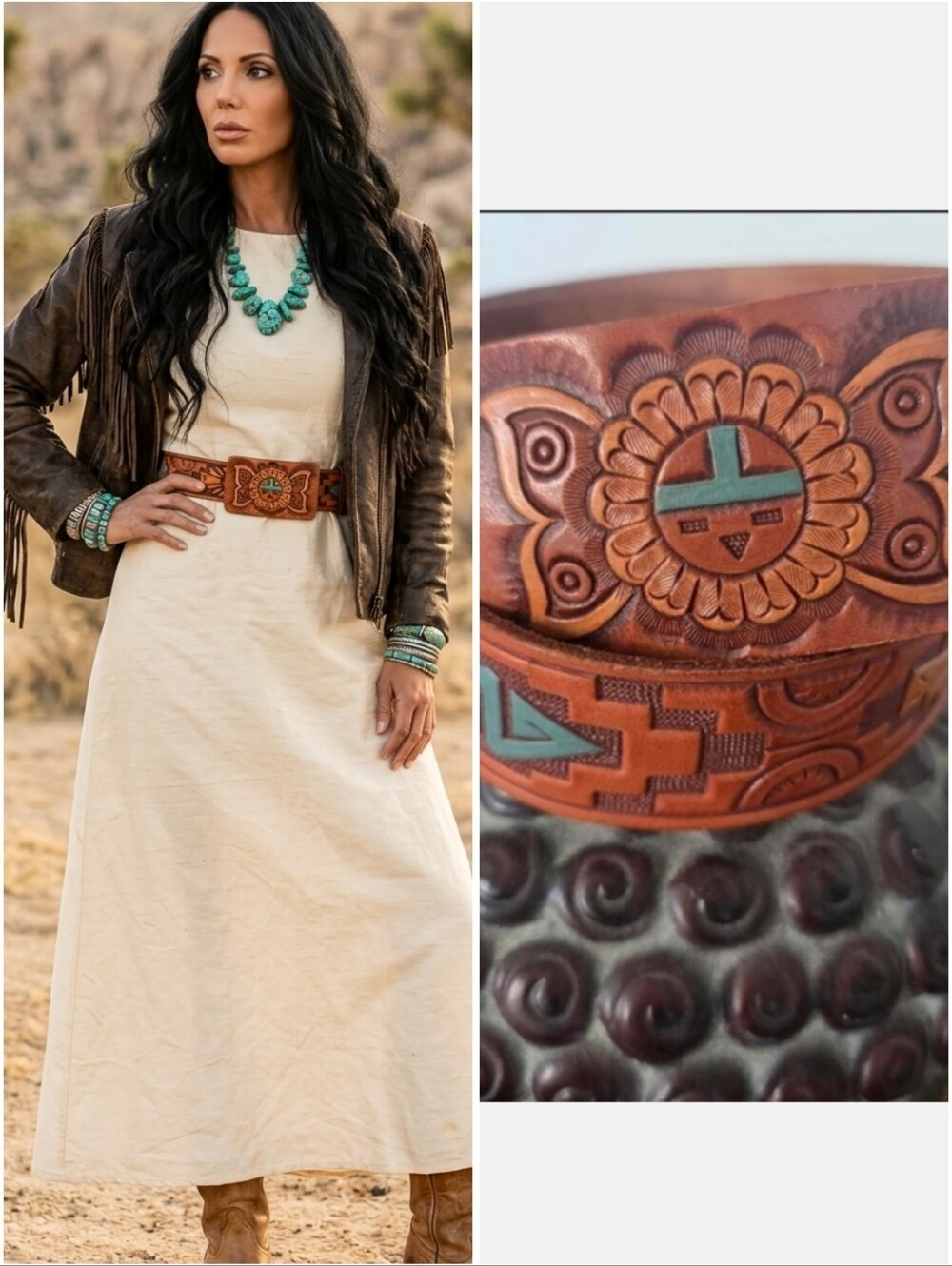 NWOT Vintage 70s Tooled Leather Zuni Sun Hand Painted Western Boho Belt 34